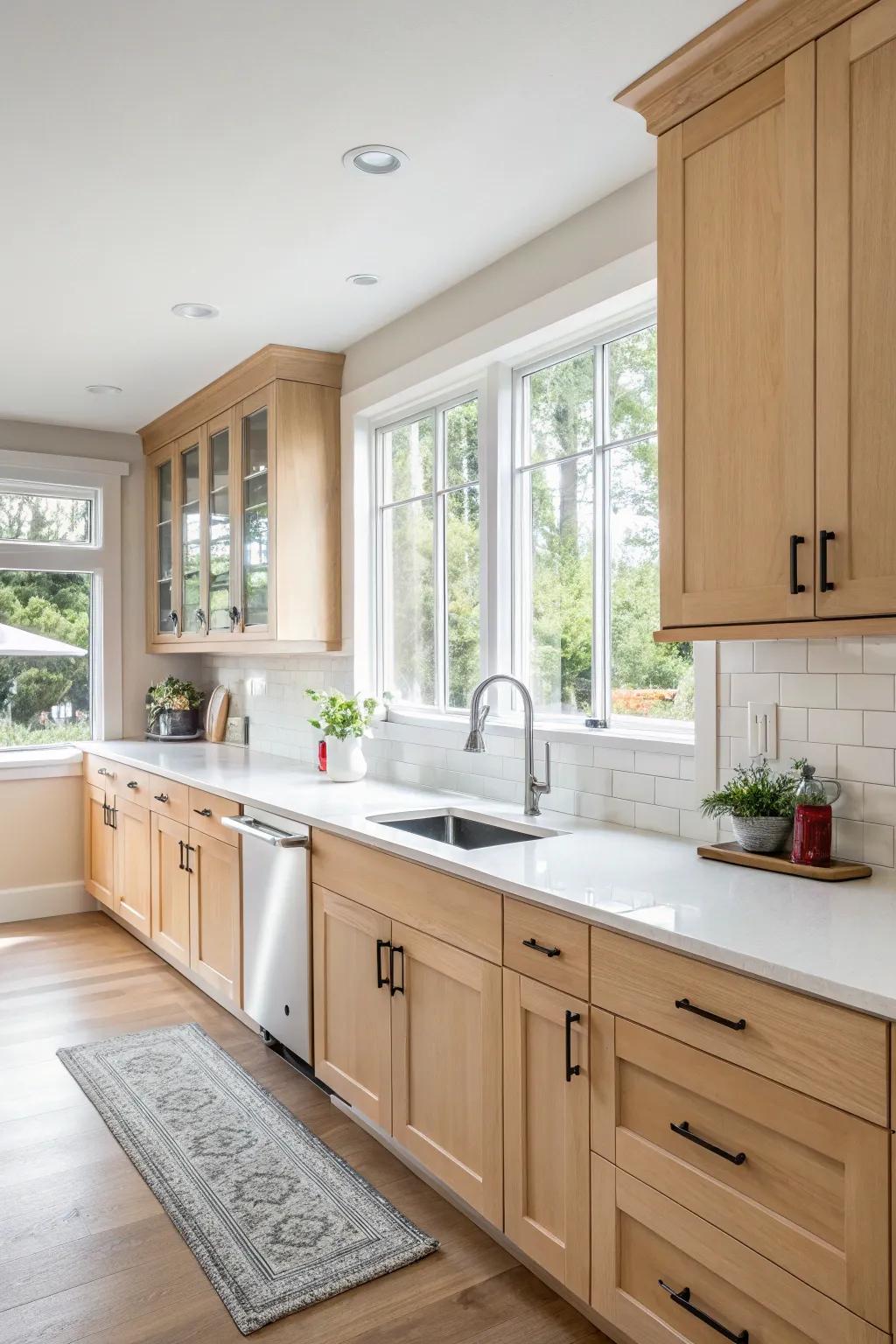 A radiant kitchen featuring bright finish cabinets, radiating coziness and sophistication.