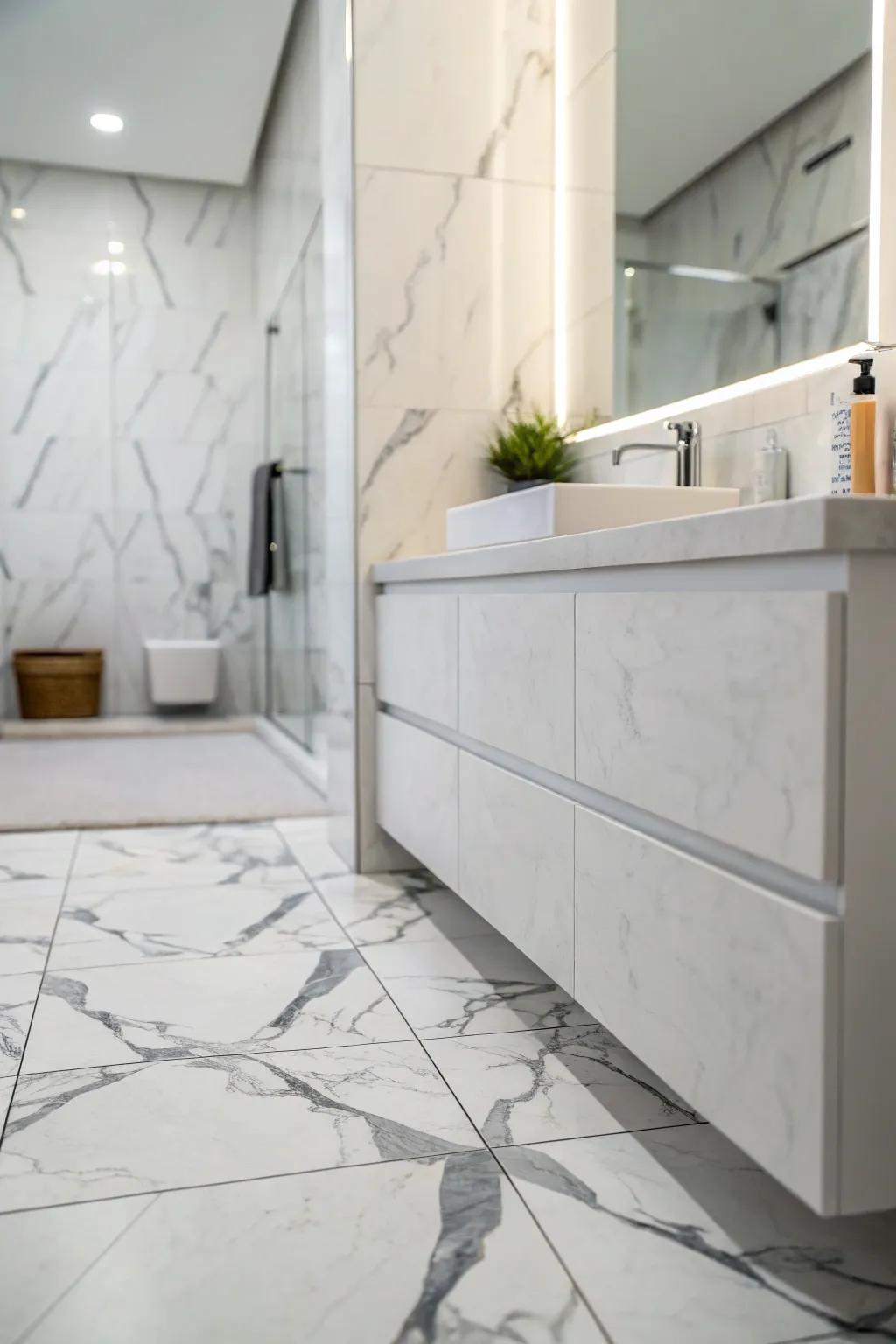A tranquil bathroom showcasing a harmonious color scheme achieved with white and grey limestone-effect porcelain tiles.