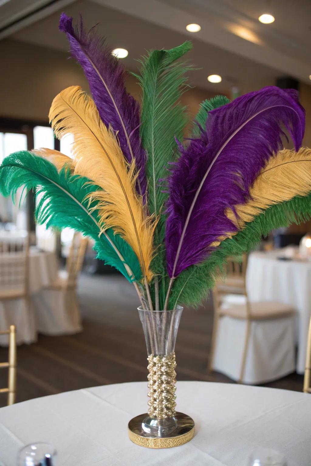 A plume centerpiece introduces an element of refinement and festive charm to your Mardi Gras decor.
