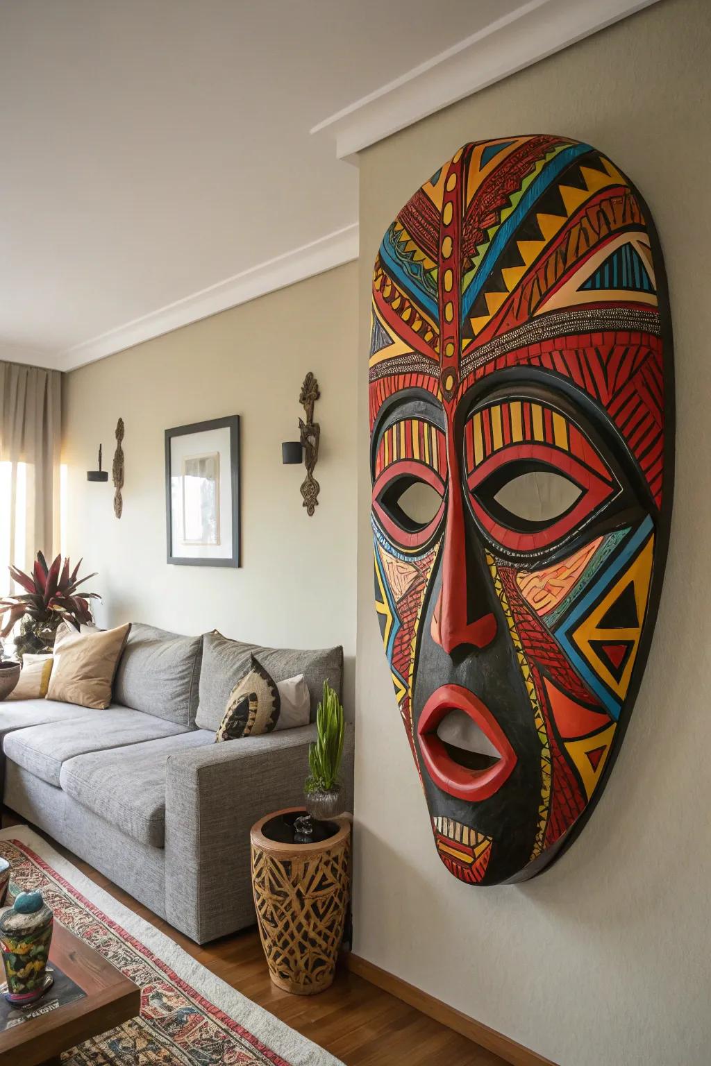 An abstract mask sculpture that infuses vibrancy into any interior.
