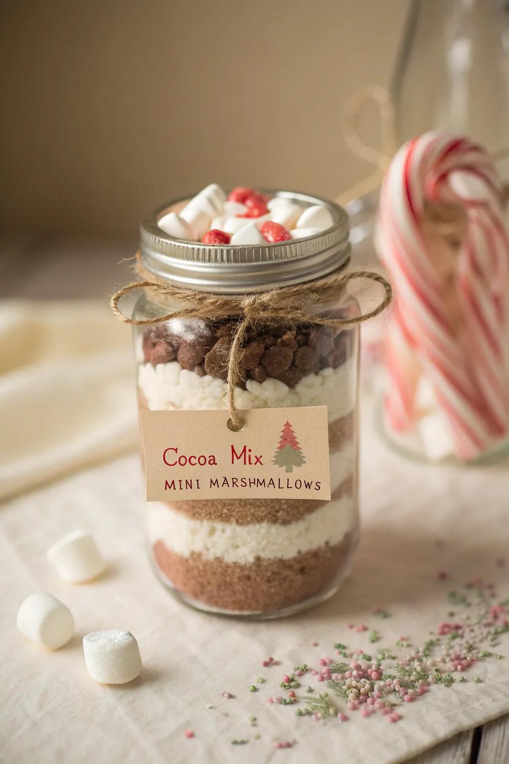 A genuine present within a jar: tiers of hot chocolate, marshmallows, and peppermint candies for a welcoming winter evening.