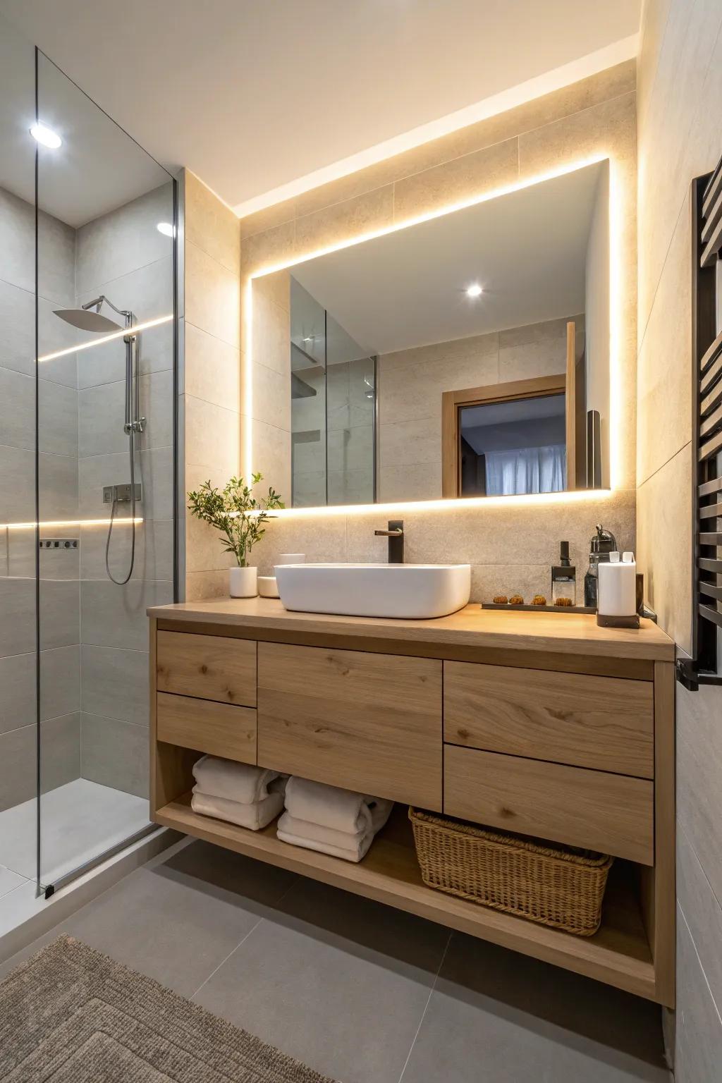 A bathroom design incorporating an elevated vanity featuring a light wood finish and graceful under glow illumination.