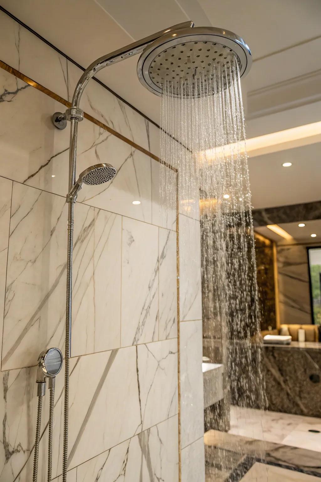 A shower showcasing pristine marble tiling featuring subtle veining, crafting an extravagant visual appeal.