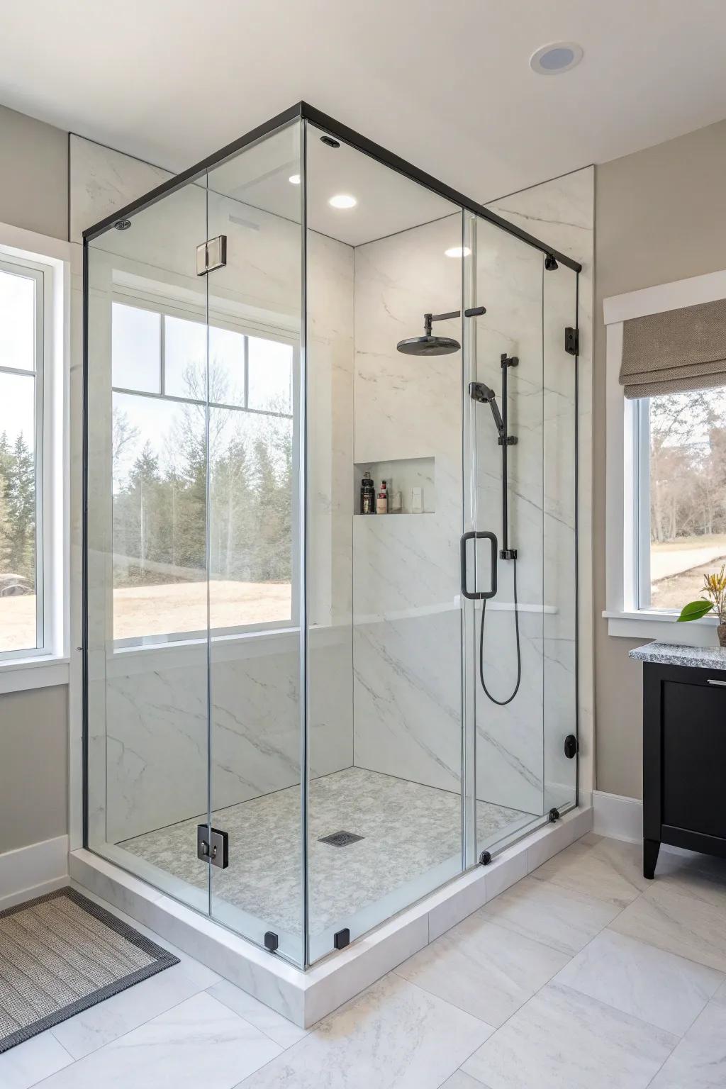 A chic, contemporary shower featuring a frameless glass surround.