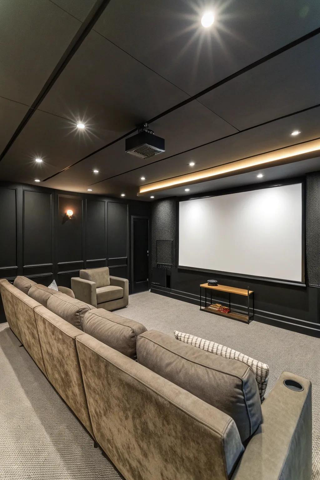 A media room showcasing absolute black walls, boosting both focus and on-screen contrast.