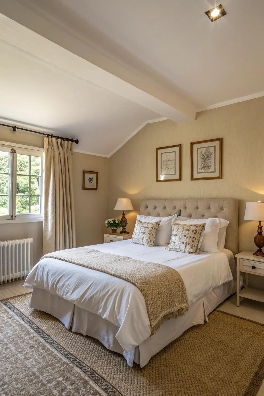 A serene bedroom featuring cream walls and ivory bedding.