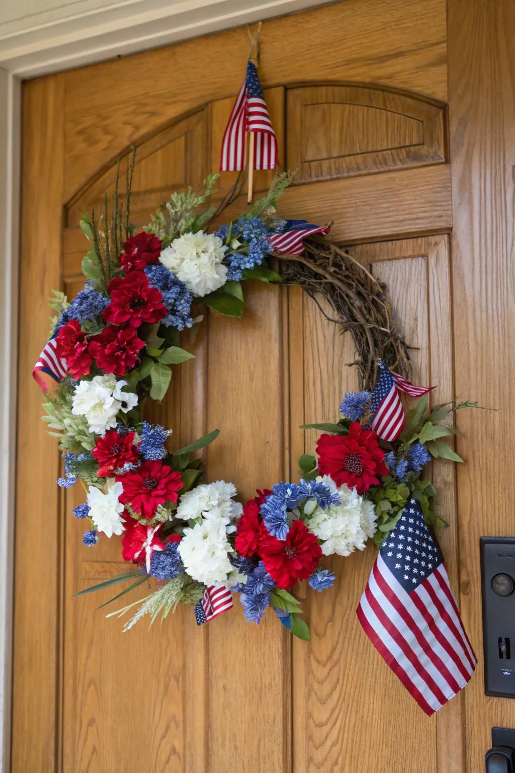 A classic Allegiance wreath featuring flowers and flags.