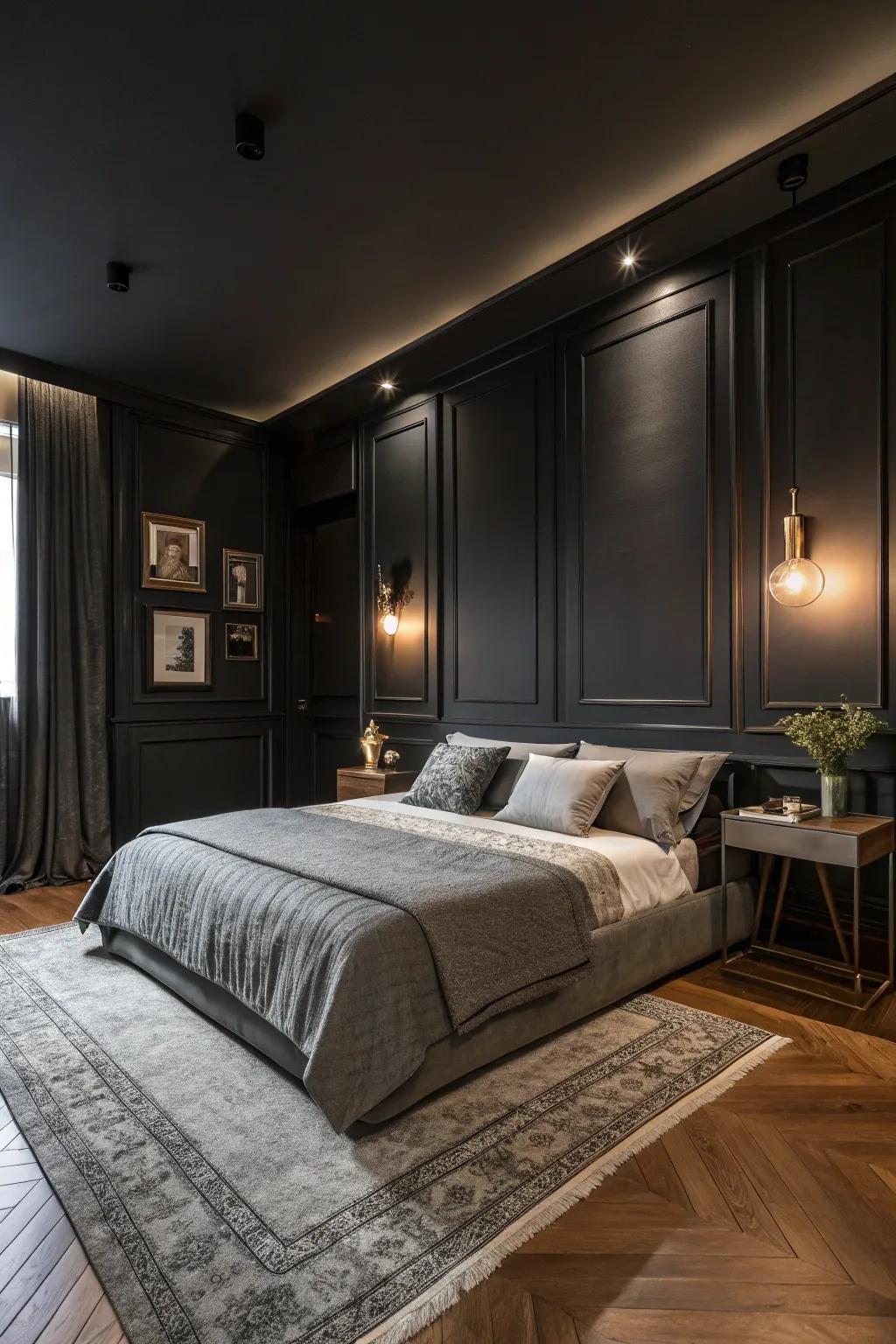 A dark palette provides a bold foundation for a stylish bedroom.