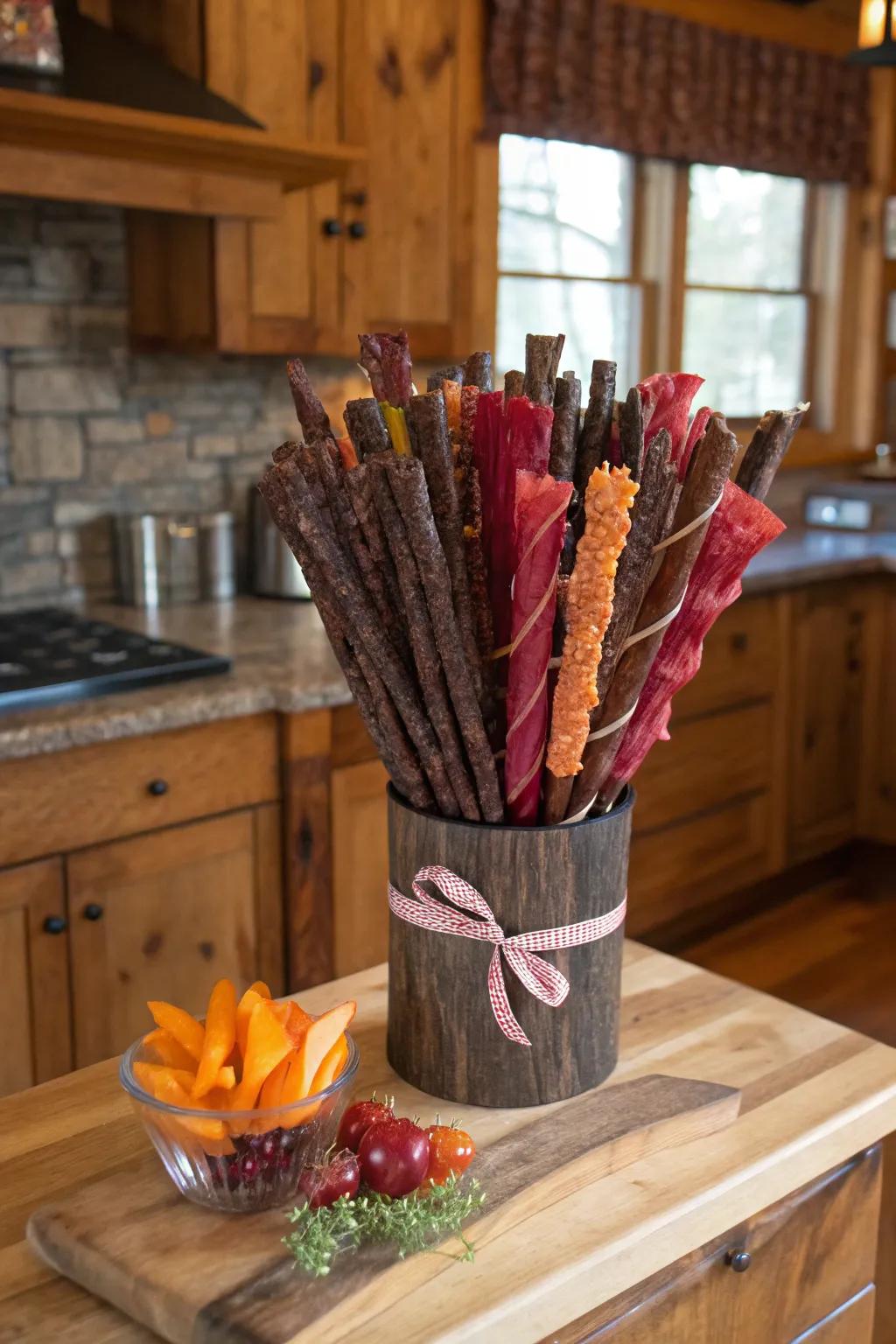 A delectable dried meat arrangement, perfect for the meat lover.
