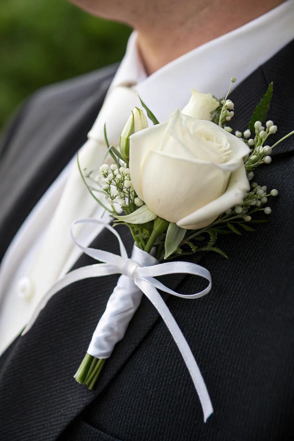 A timeless white rose boutonniere contributes enduring sophistication.