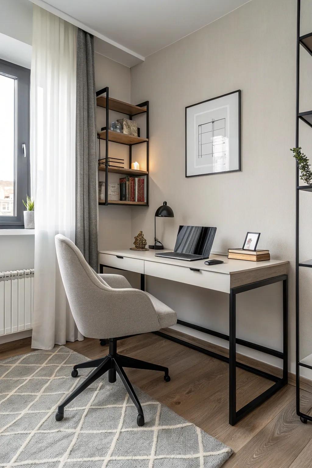 Elegance merges seamlessly with simplicity through minimalist furniture in this masculine home office.