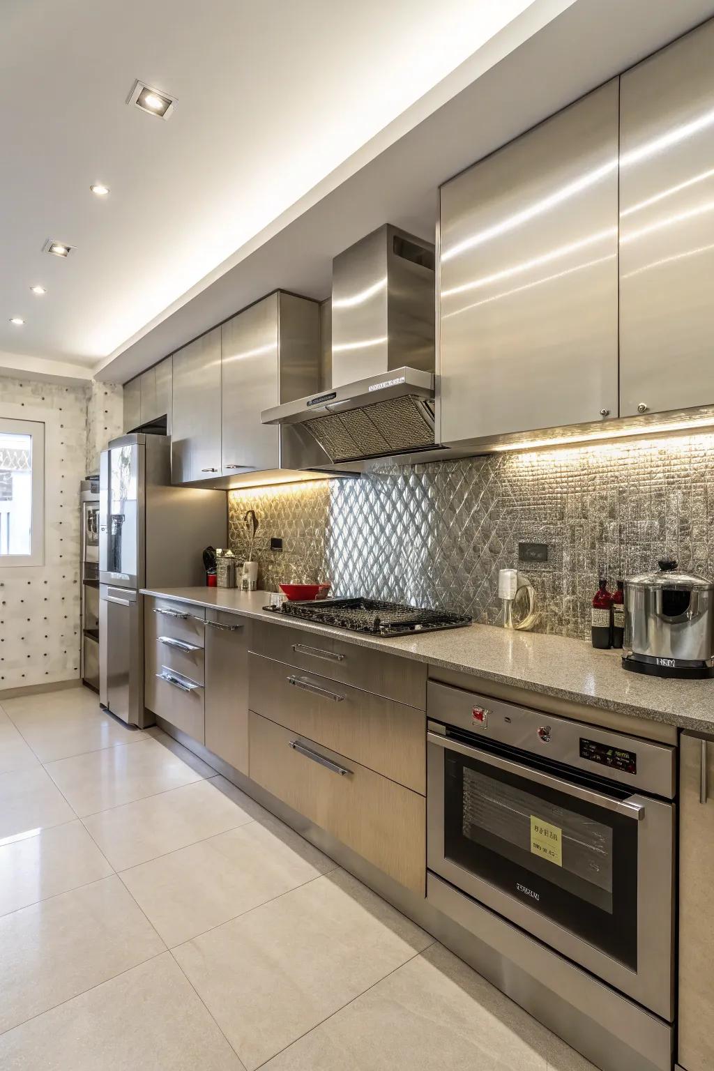 A kitchen enhanced by the sleek reflection of a ShineSteel backsplash.