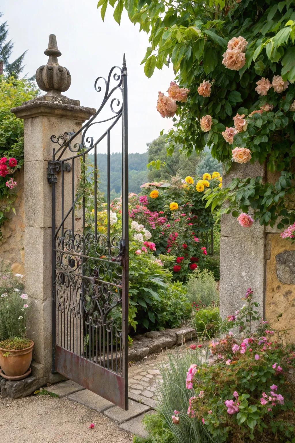 An enchanting wrought iron garden gate beckoning you into a realm of natural splendor.
