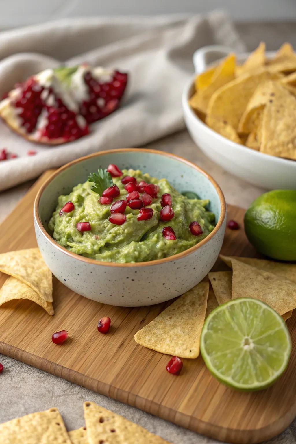 Guacamole gets a fresh twist: pomegranate seeds boost color and taste.