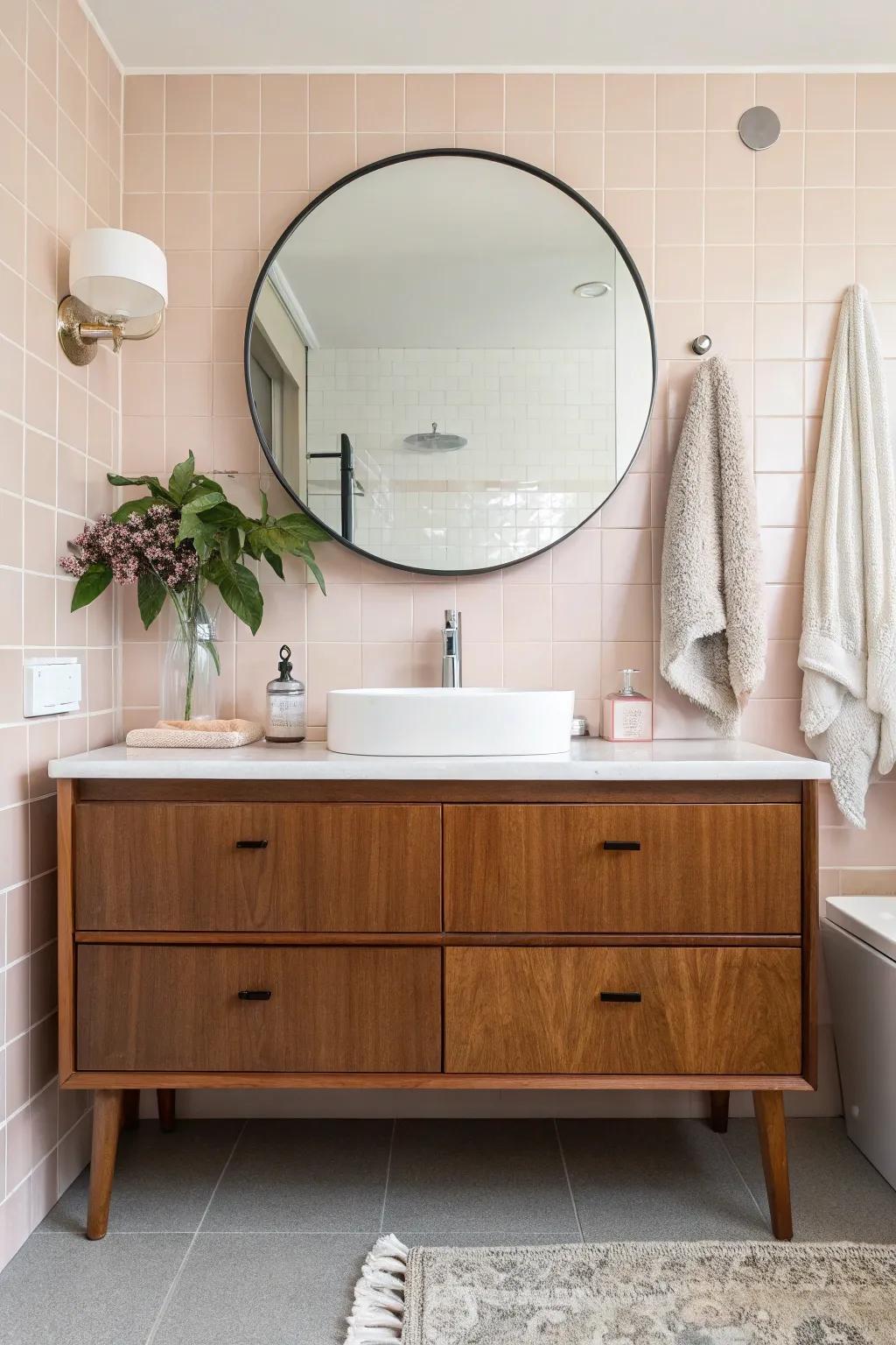 A wooden vanity lays the groundwork for a cozy, mid-century inspired bathroom.