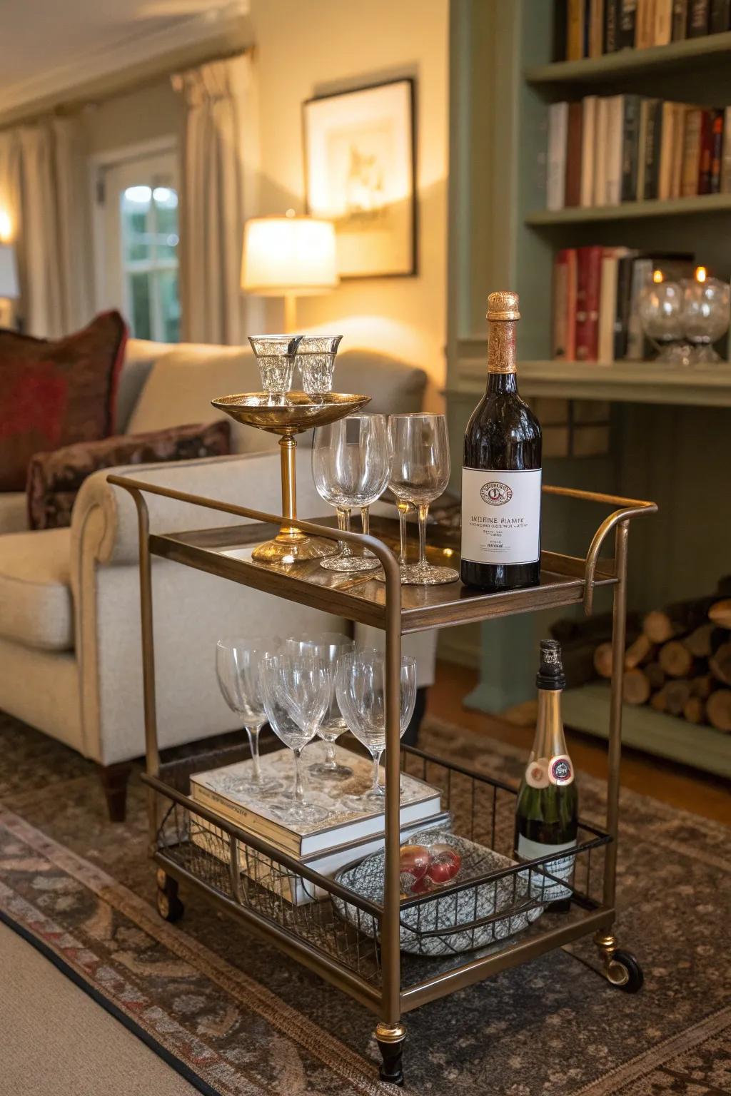 A vintage-inspired serving trolley adds a touch of charm and adaptability to any area.