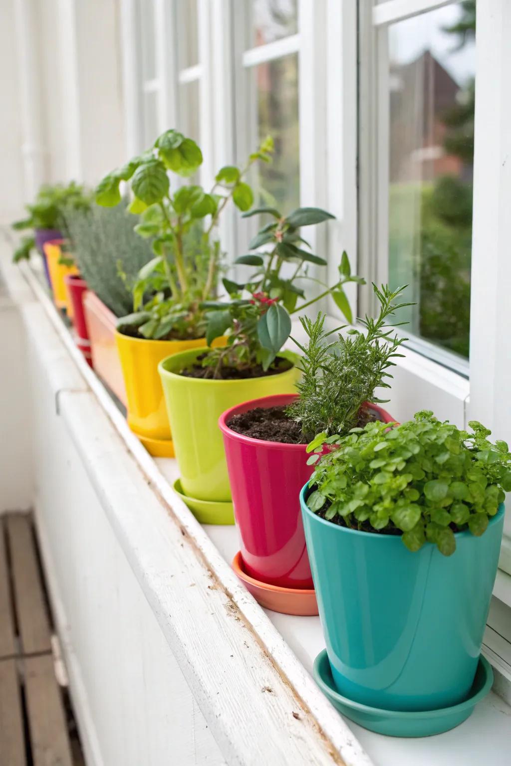 An array of brilliantly hued, small pots overflowing with verdant plants graces a windowsill.