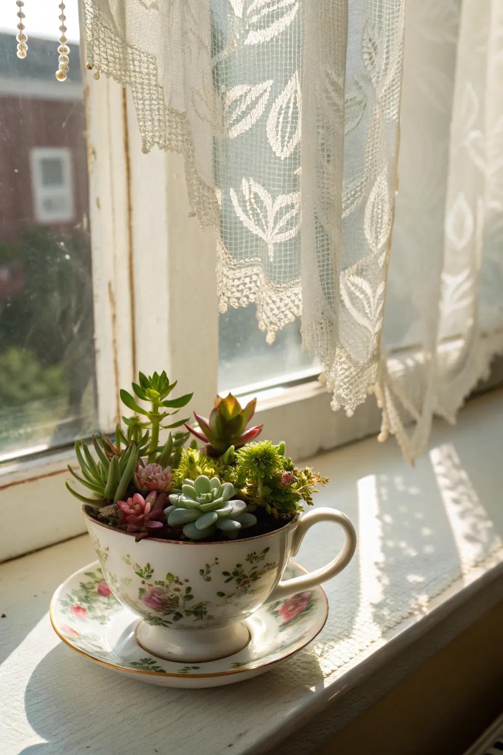 An antique cup is reinvented into an enchanting succulent display.