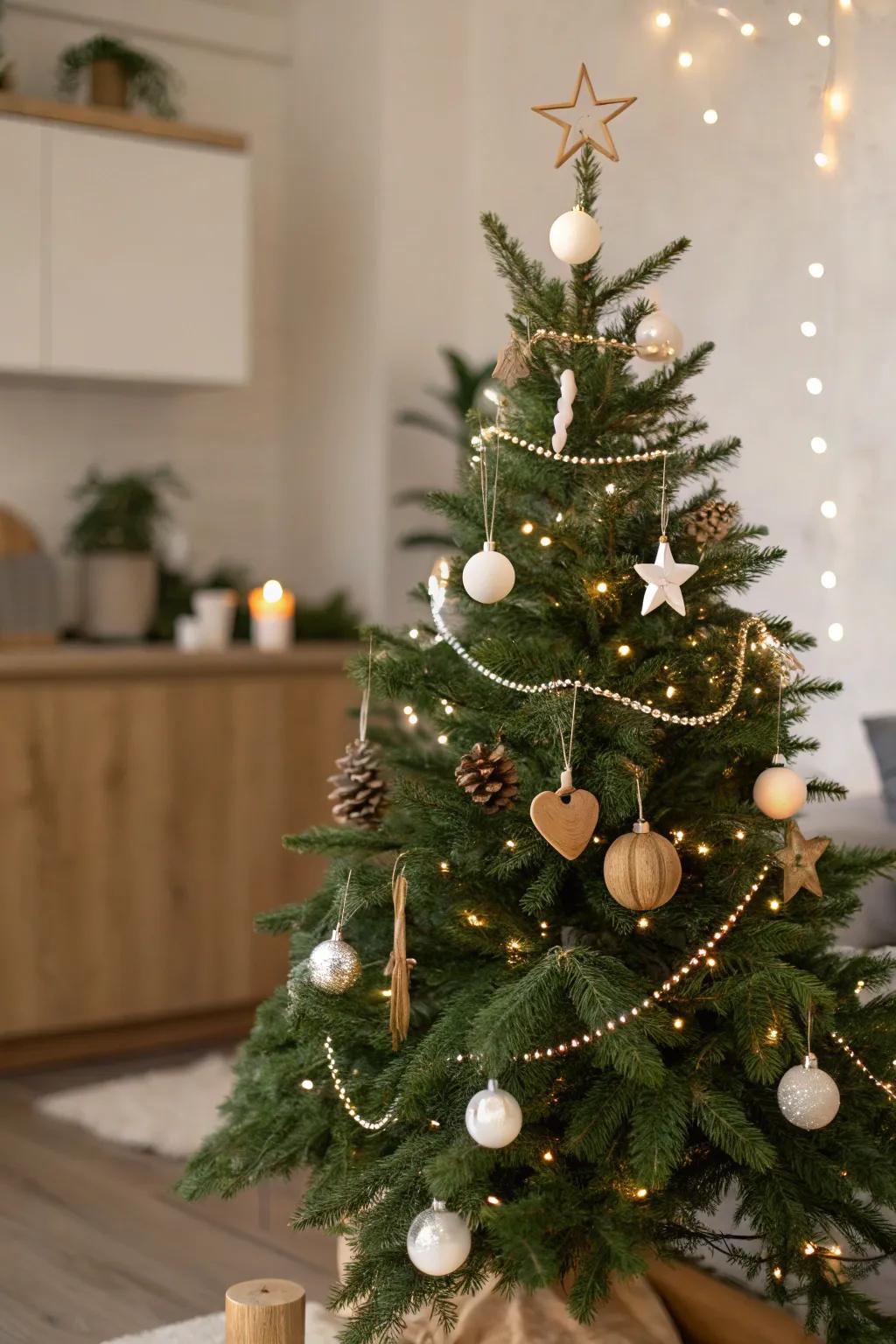 A simple, natural Christmas tree decorated with minimal items for an uncluttered, elegant presentation.