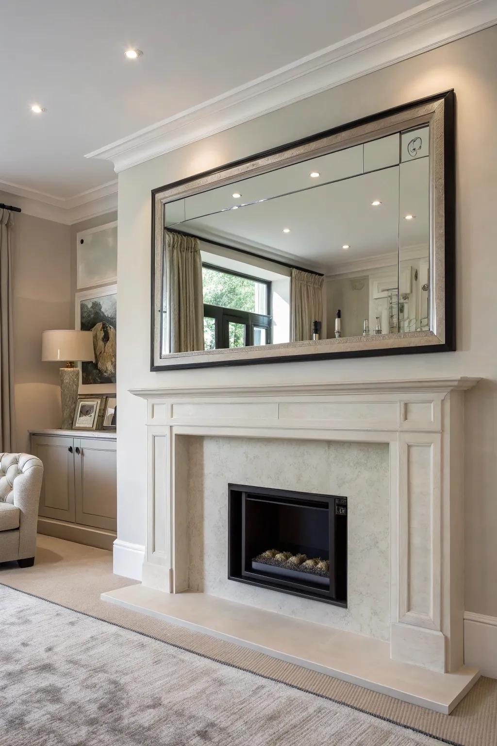 A frameless mirror beautifully complements a minimalist fireplace design.