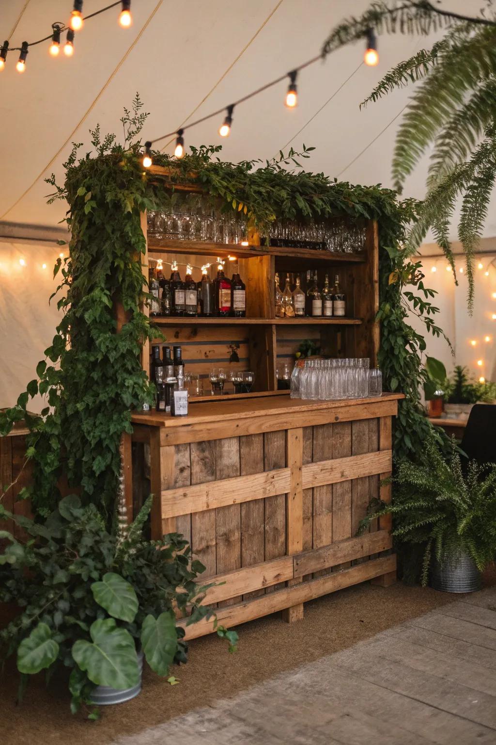 A nature-inspired rolling bar, adorned with reclaimed wood and flourishing greenery.