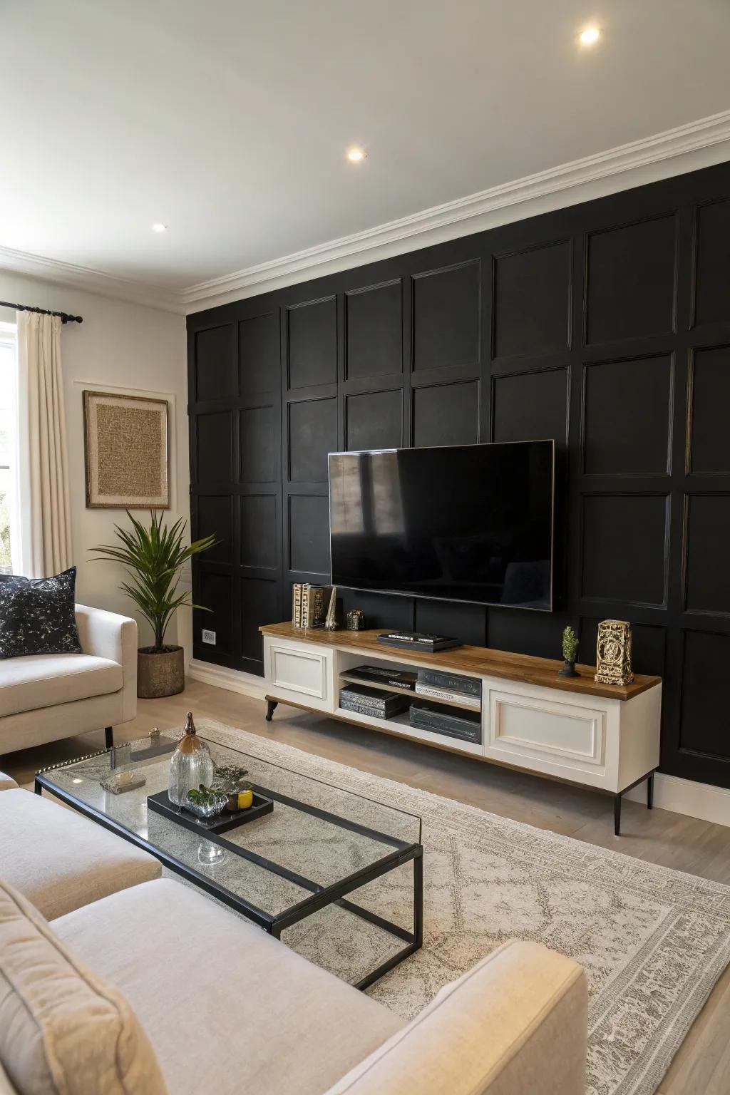 A striking black accent wall beautifully showcases the TV.