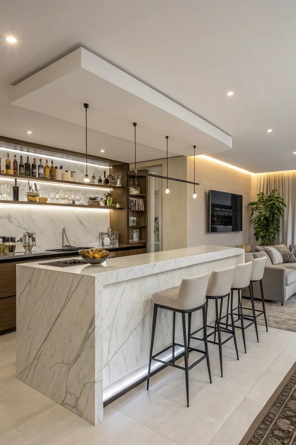 A minimalist home bar emphasizing sharp lines and simplicity.