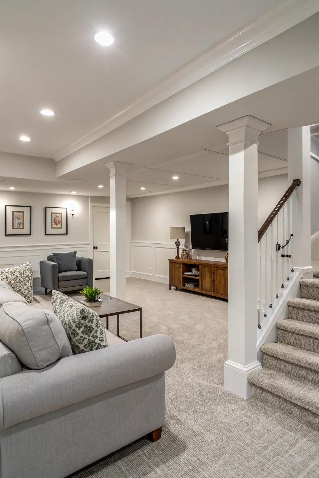 Subdued tones provide a versatile base for your contemporary basement.