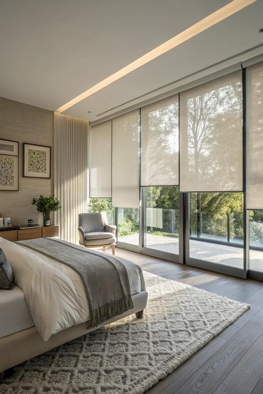 Streamlined panel blinds in a modern bedroom