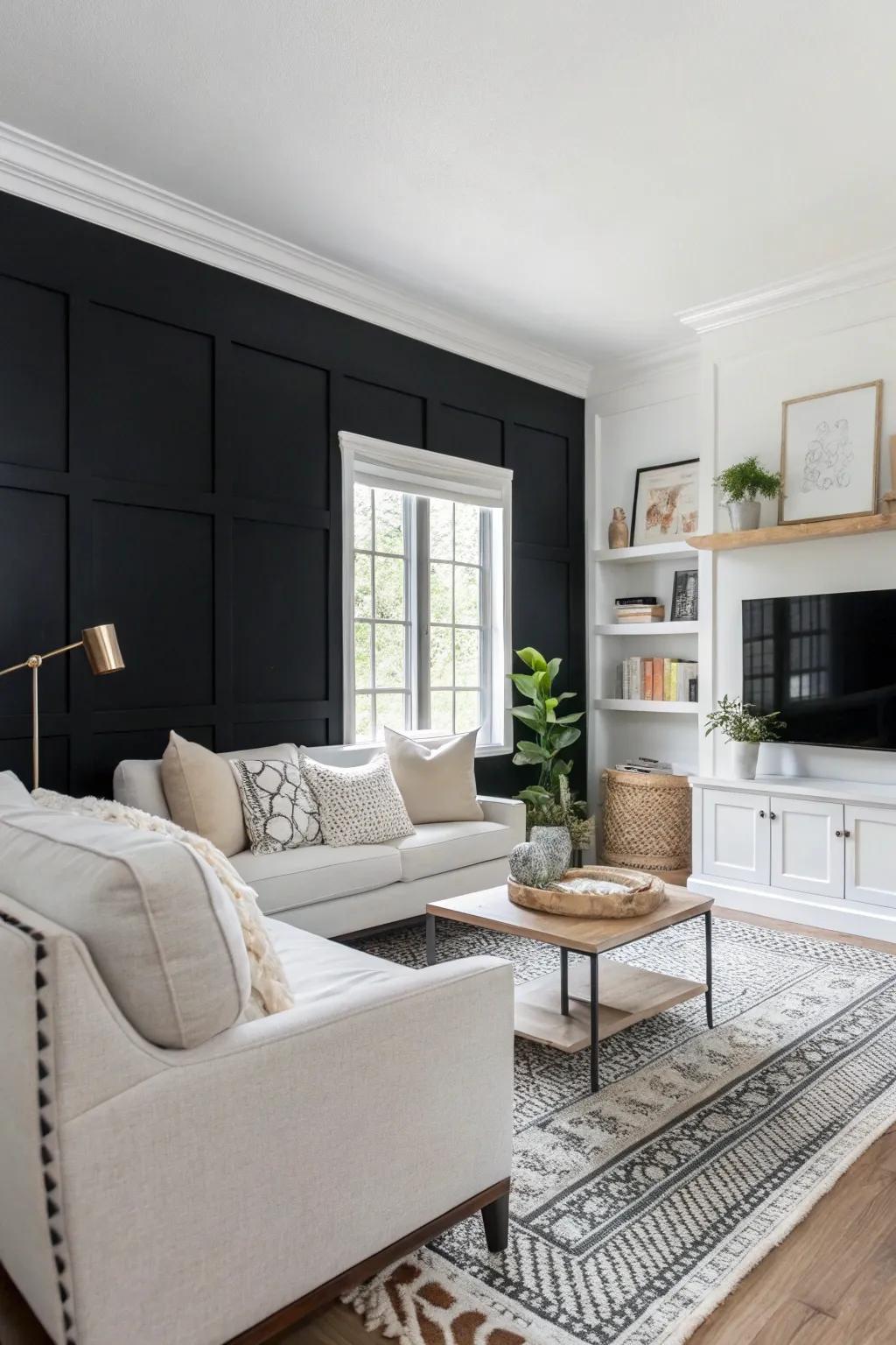 An elegant black accent wall infuses depth and visual interest into this contemporary living space.