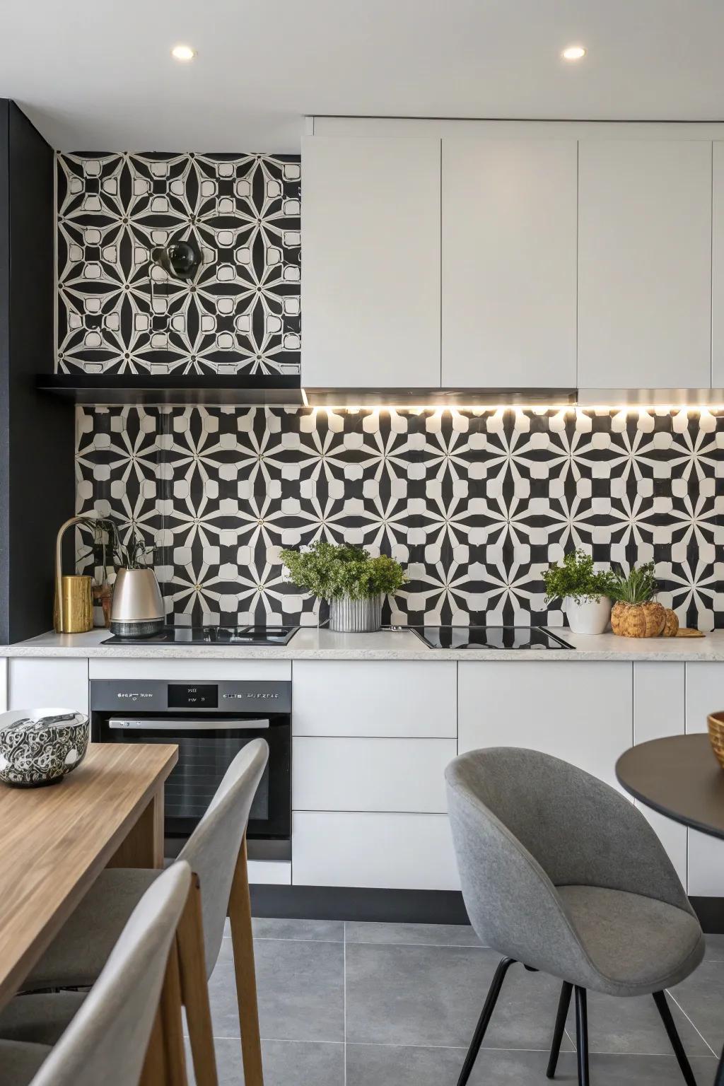A geometric black and white backsplash enhances a modern aesthetic.