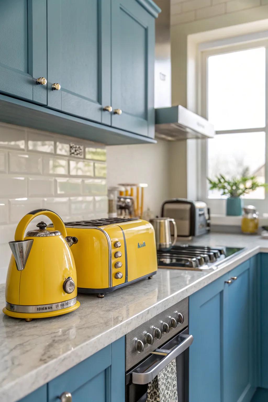 Brilliant yellow appliances give a joyful feeling to a modern kitchen.