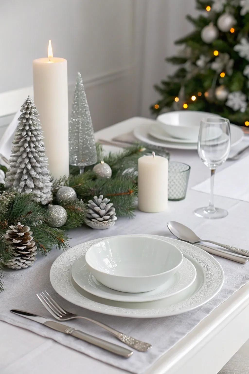 A minimalist Christmas table highlighted by the subtle elegance of white and silver.