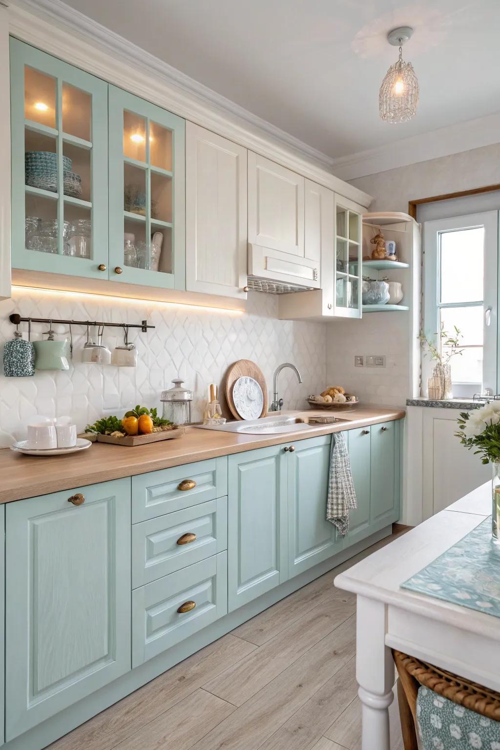 A coastal kitchen showcases a tranquil palette of whites and blues.