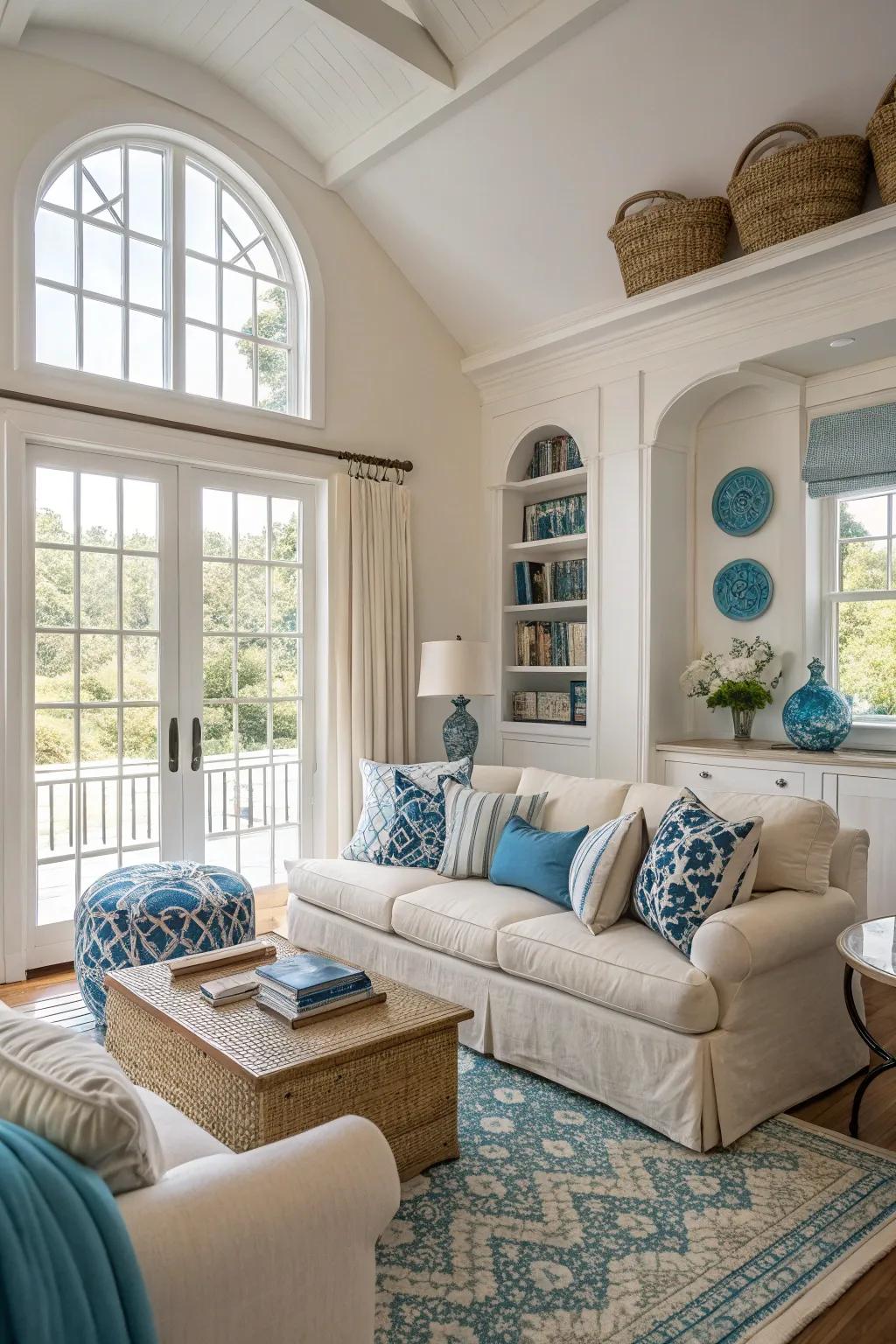 A serene and understated coastal living room palette.