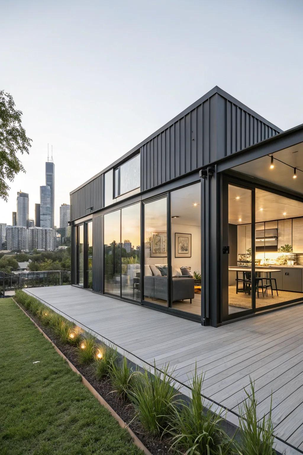 A refined urban modular sanctuary featuring expansive windows and a minimalist design scheme.