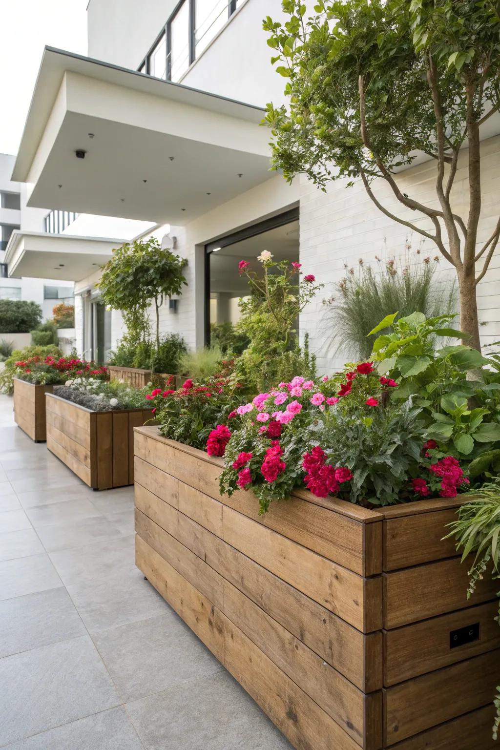 Elevated planting beds contribute to an increase in refinement and proportion when placed in the corner of any garden.