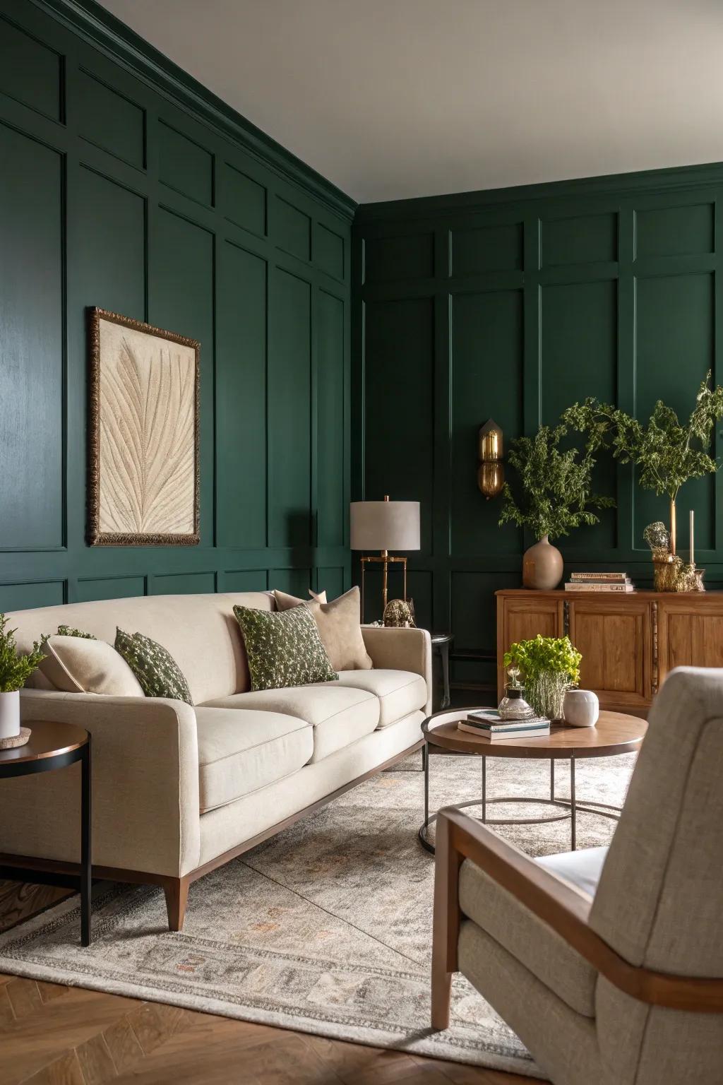 A dark green feature wall creates a striking focal point in any living room.