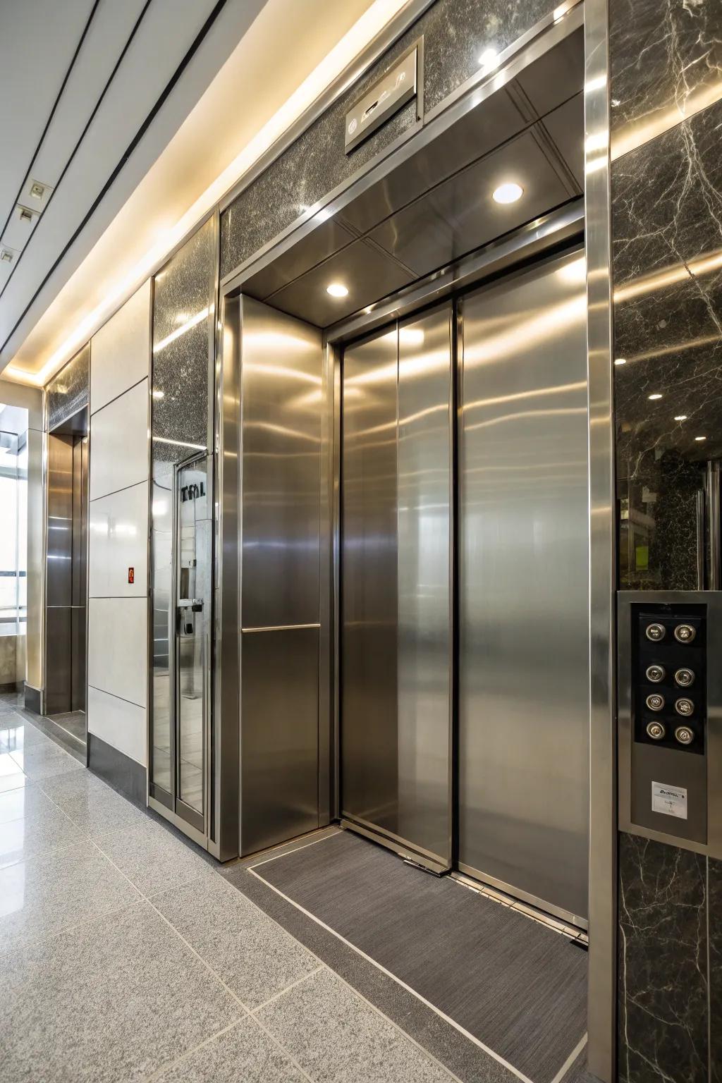 A contemporary elevator interior showcases the refined integration of stainless steel and textured metal finishes.