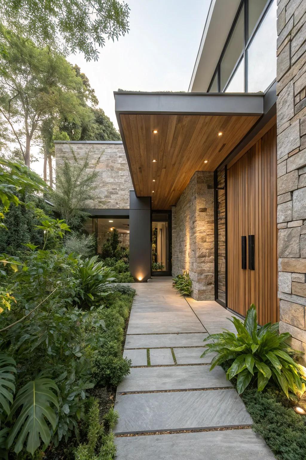 The combination of wood and stone yields an inviting and comforting entrance.