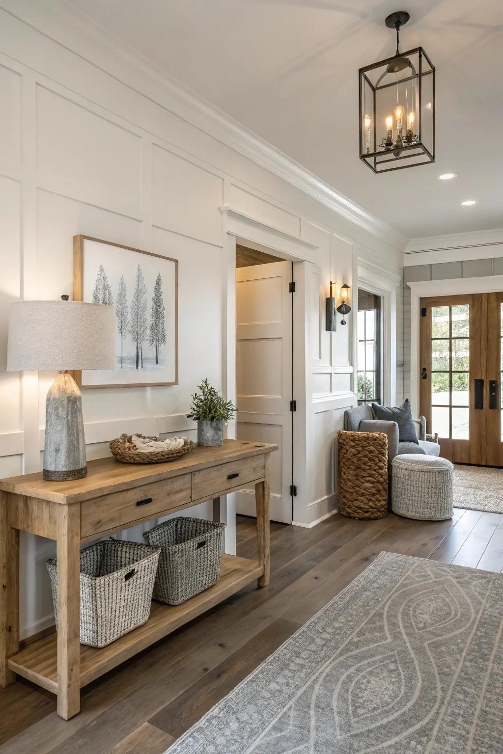 Neutral tones establish a tranquil ambiance in this farmhouse entryway.