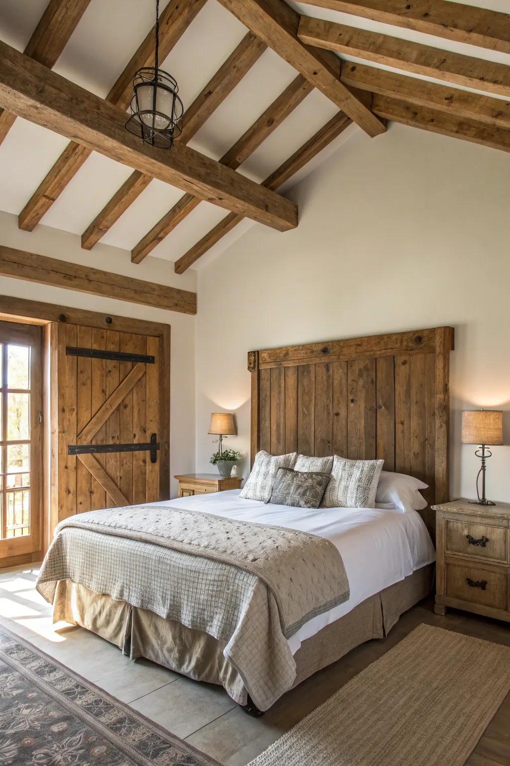Using raw elements like timber enlivens a modern farmhouse bedroom with coziness and honesty.