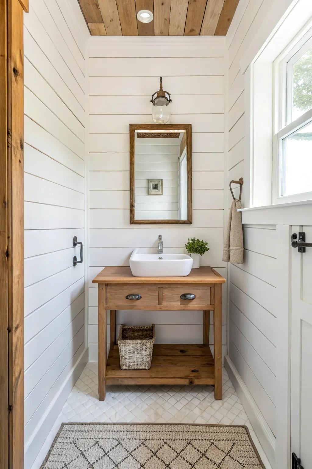 A powder room showcases pristine white shiplap walls harmonizing with radiant wooden elements.