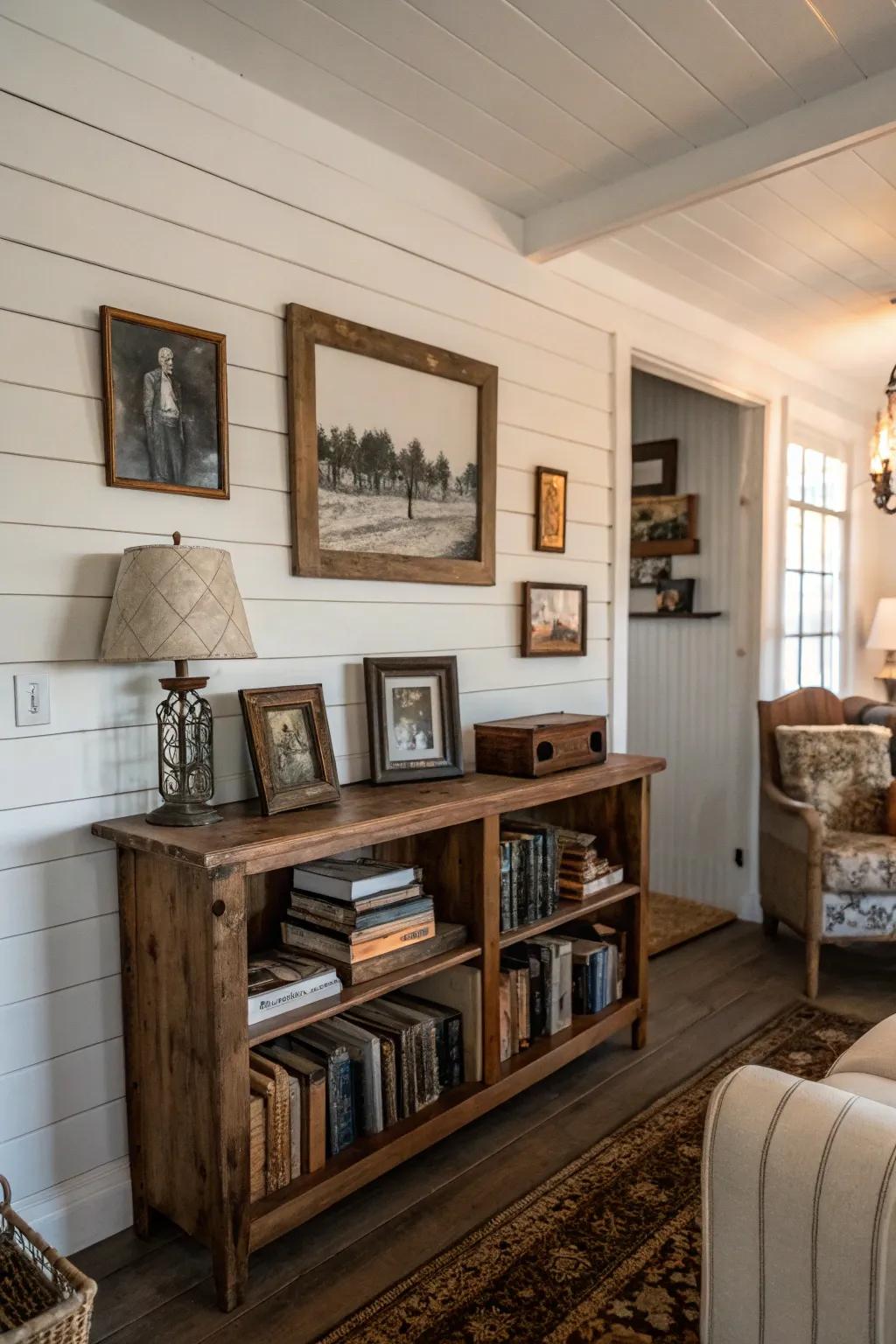 Living room featuring white shiplap walls in a modern farmhouse style.