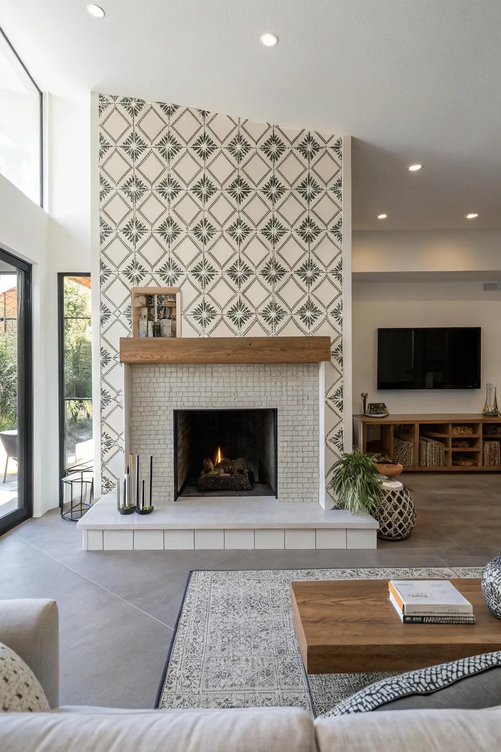 Minimalist fireplace featuring geometric tile aesthetics.