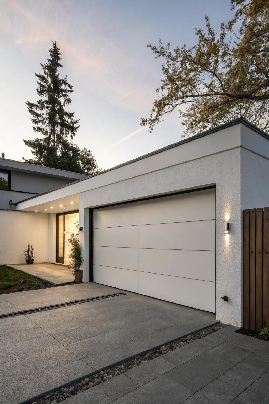 Minimalistic garage doors provide a neat and orderly aesthetic.