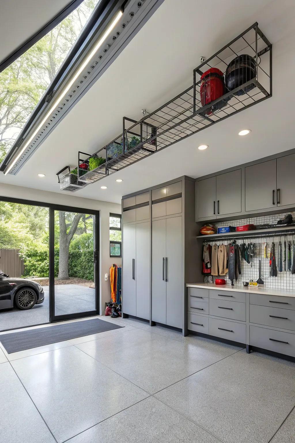 With elegant storage options, you may maximize space in your contemporary garage.