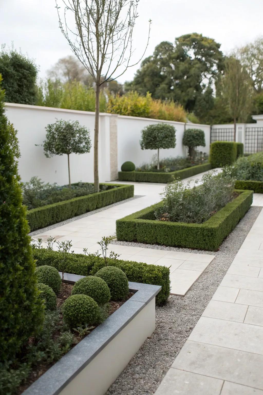 A minimalist garden design characterized by its structured outlines and simplicity.