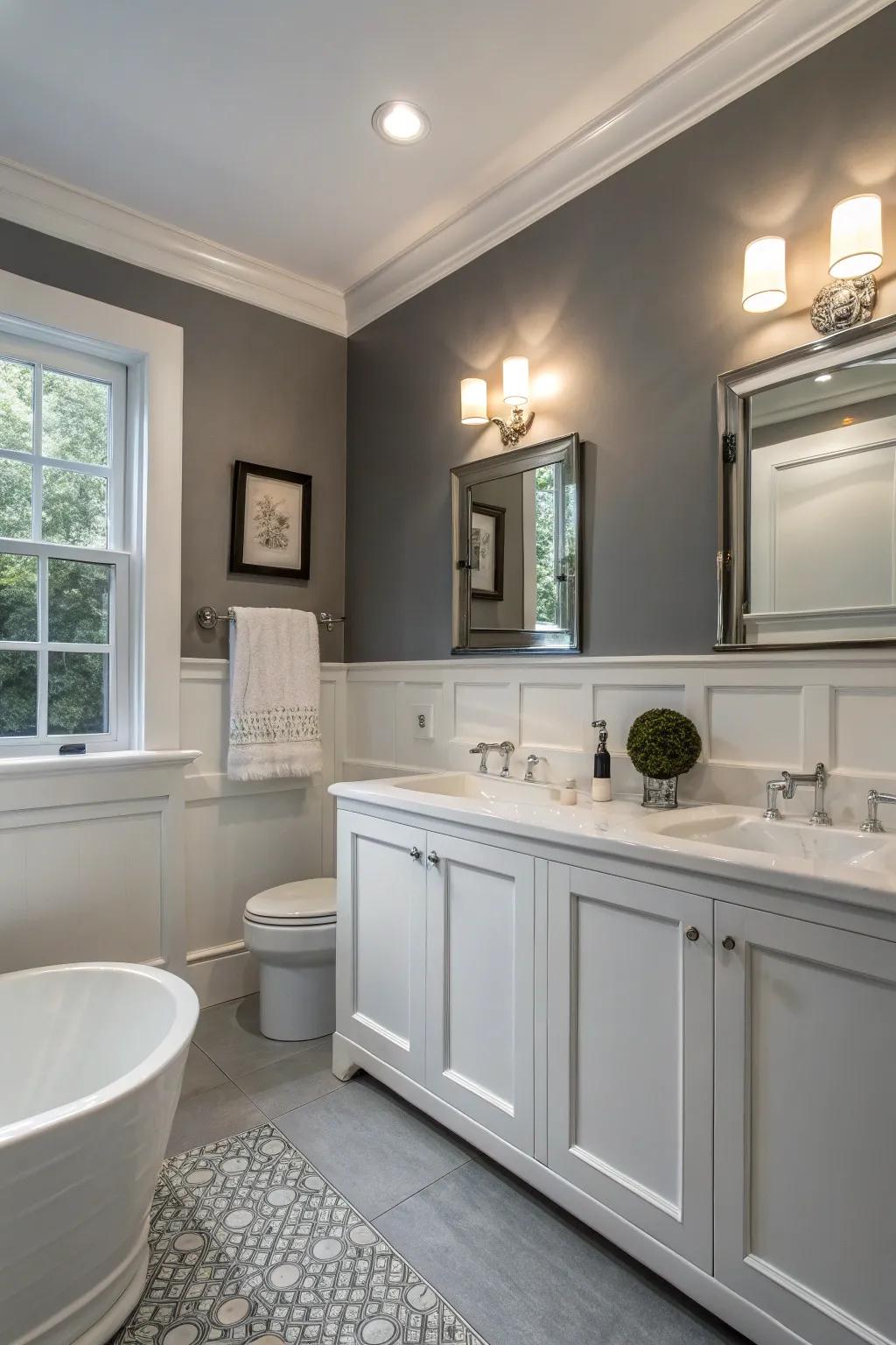 The harmonious blend of grays and whites lays the groundwork for a serene bathroom atmosphere.