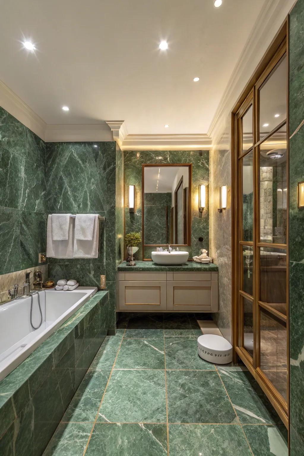 Verdant stone tiles engender a sumptuous and ageless ambiance.